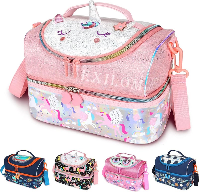 EXILOM حقيبة غداء للأطفال، حقيبة غداء للبنات والأولاد، حقيبة غداء عازلة حرارياً، حقيبة للتوائم والمراهقين، حقيبة سفر مدرسية، حاملة زجاجة ماء وعلبة غداء بحزام قابل للتعديل - Image 1