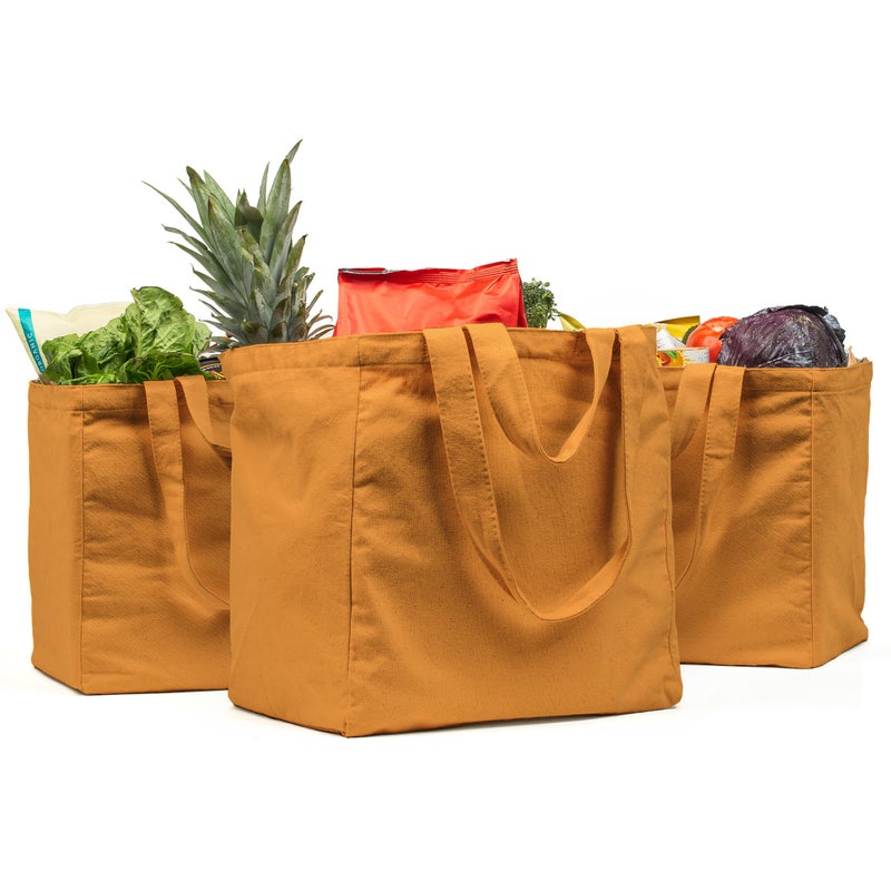 VeraMia VeraMia Canvas Grocery Bag 3pc Jumbo Set with Real Pockets  Long Shoulder Strap and Short Handle. Reusable Shopping Bags for Groceries Heavy Duty  Foldable  Washable  Grocery Tote Bag (Butterscotch) - Image 1