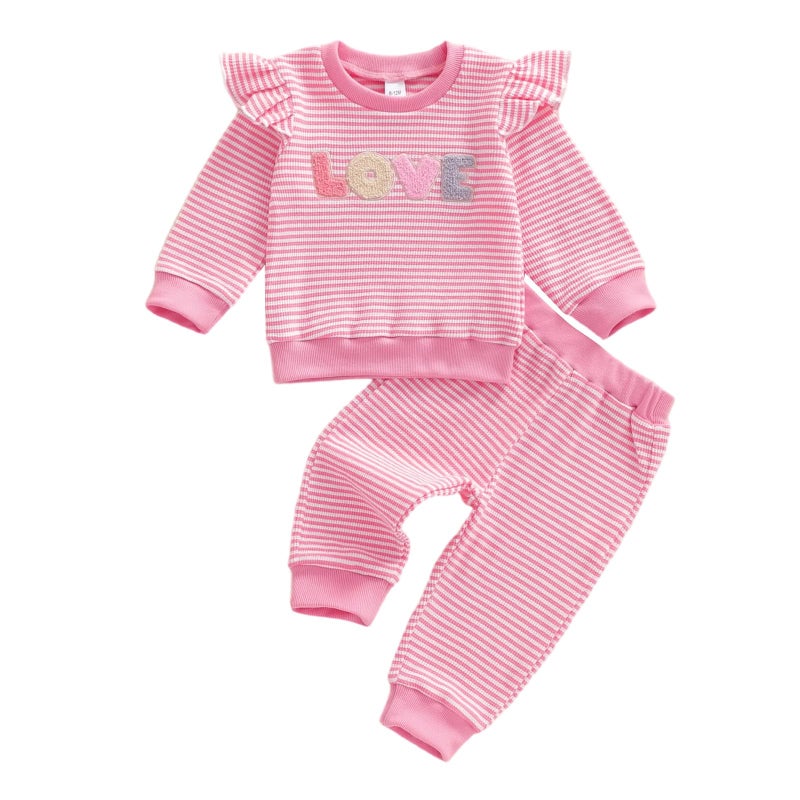 Socutebabe Baby Girl Clothes Newborn Infant Fall Winter Outfits Love Embroidery Long Sleeve Waffle Knit Sweatshirts Pants Set (Love-Waffle-Pink, 6-12 Months) - Image 1