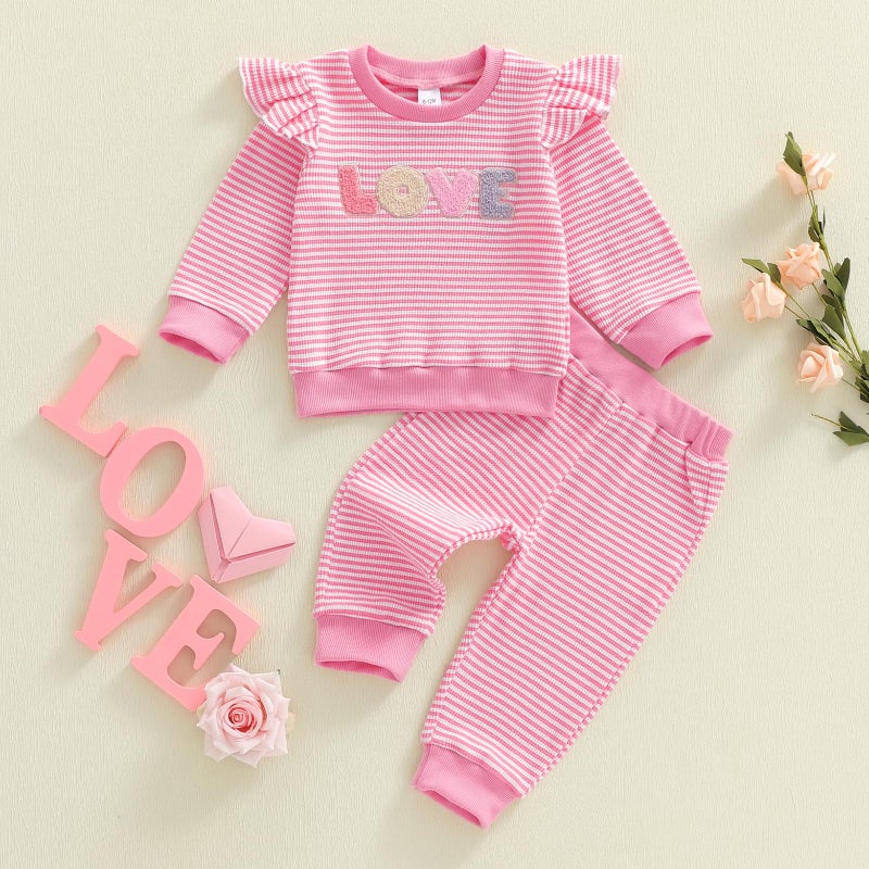 Socutebabe Baby Girl Clothes Newborn Infant Fall Winter Outfits Love Embroidery Long Sleeve Waffle Knit Sweatshirts Pants Set (Love-Waffle-Pink, 6-12 Months) - Image 2