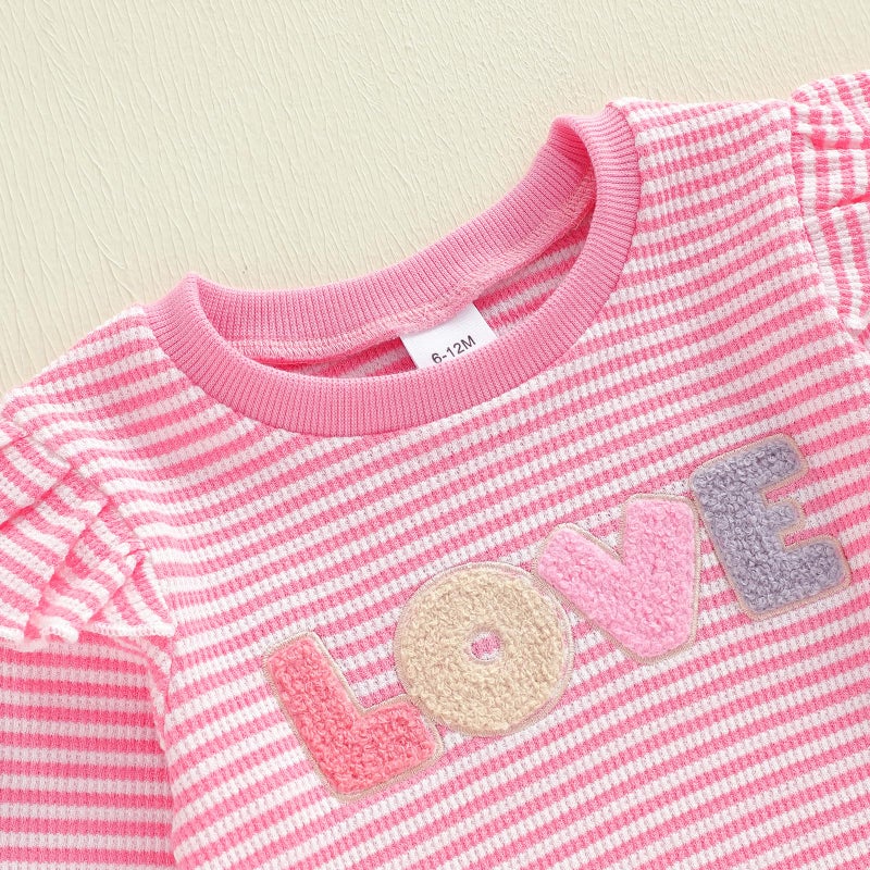 Socutebabe Baby Girl Clothes Newborn Infant Fall Winter Outfits Love Embroidery Long Sleeve Waffle Knit Sweatshirts Pants Set (Love-Waffle-Pink, 6-12 Months) - Image 3