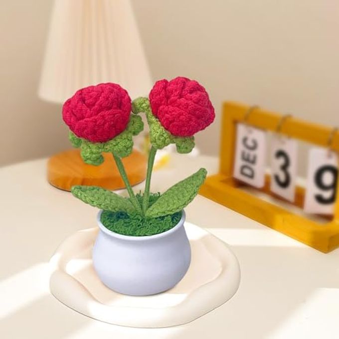 Rimvoe 3pcs Crochet Flower Pot, Sunflower Red Rose Forget Me Not Small Potted Flowers, Mothers Day Valentines Gifts for Mom Wife, Cute Desk Decor for Women Office Car Dashboard - Image 3