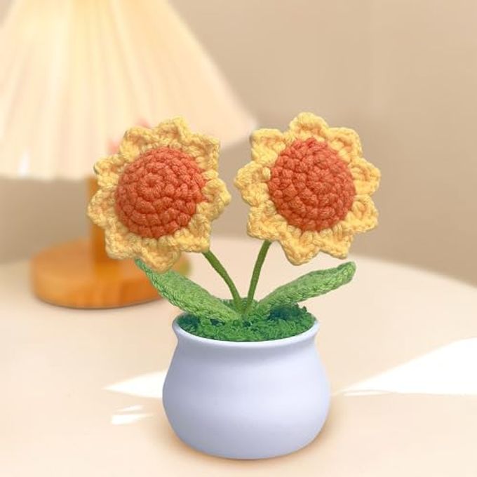 Rimvoe 3pcs Crochet Flower Pot, Sunflower Red Rose Forget Me Not Small Potted Flowers, Mothers Day Valentines Gifts for Mom Wife, Cute Desk Decor for Women Office Car Dashboard - Image 5
