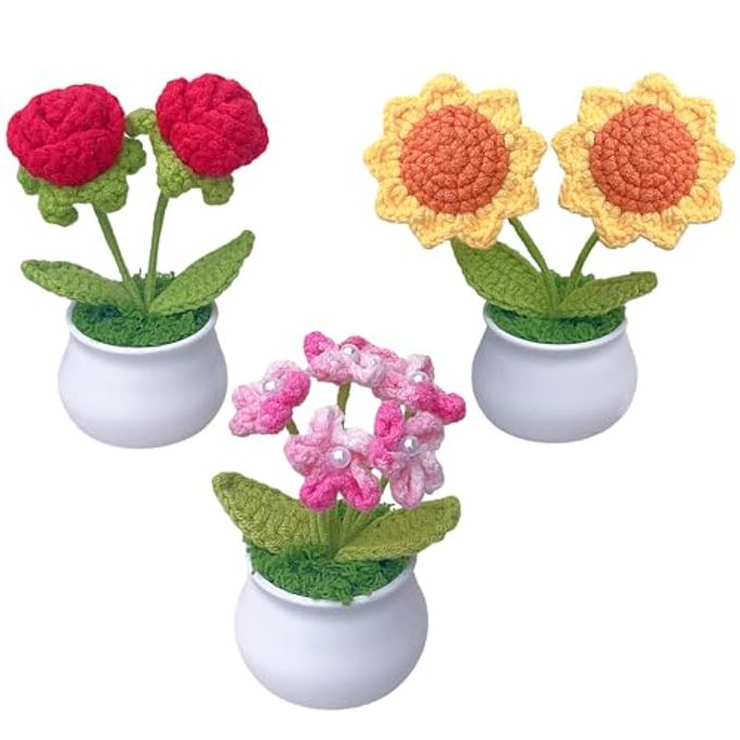 Rimvoe 3pcs Crochet Flower Pot, Sunflower Red Rose Forget Me Not Small Potted Flowers, Mothers Day Valentines Gifts for Mom Wife, Cute Desk Decor for Women Office Car Dashboard - Image 1