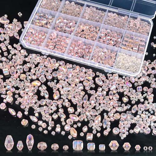 Laopottbeads 1500 Pcs Crystal Glass Beads for Jewelry Making – 12 Styles Bicone, Rondelle, Cube, Teardrop & 3mm Spacer Beads, DIY Bracelet Necklace Earring Craft Kit with Organizer Box(Pink) - Image 1