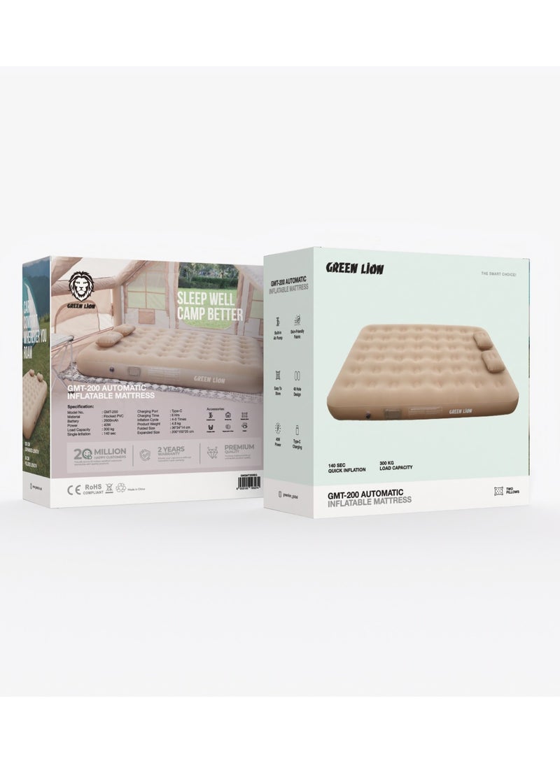 GREEN LION Automatic Inflatable Mattress with Built-in Air Pump and Double Pillows /Camping Bed Sleeping Mat / Skin Friendly Fabric / Easy to Store / Camping / Travel / Road Trips/Outdoor Adventures /Sleepovers/ Guest Bed- Beige - Image 4