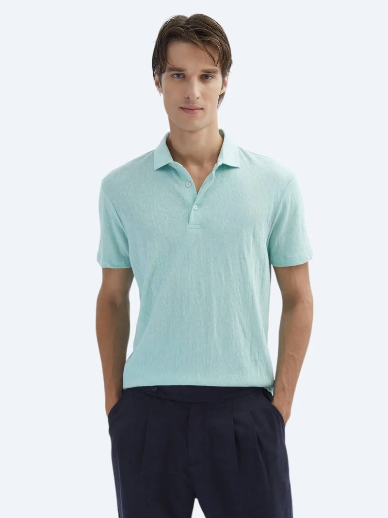 Kip See Green Plain Polo Neck Cotton Blended T-Shirt - Image 1