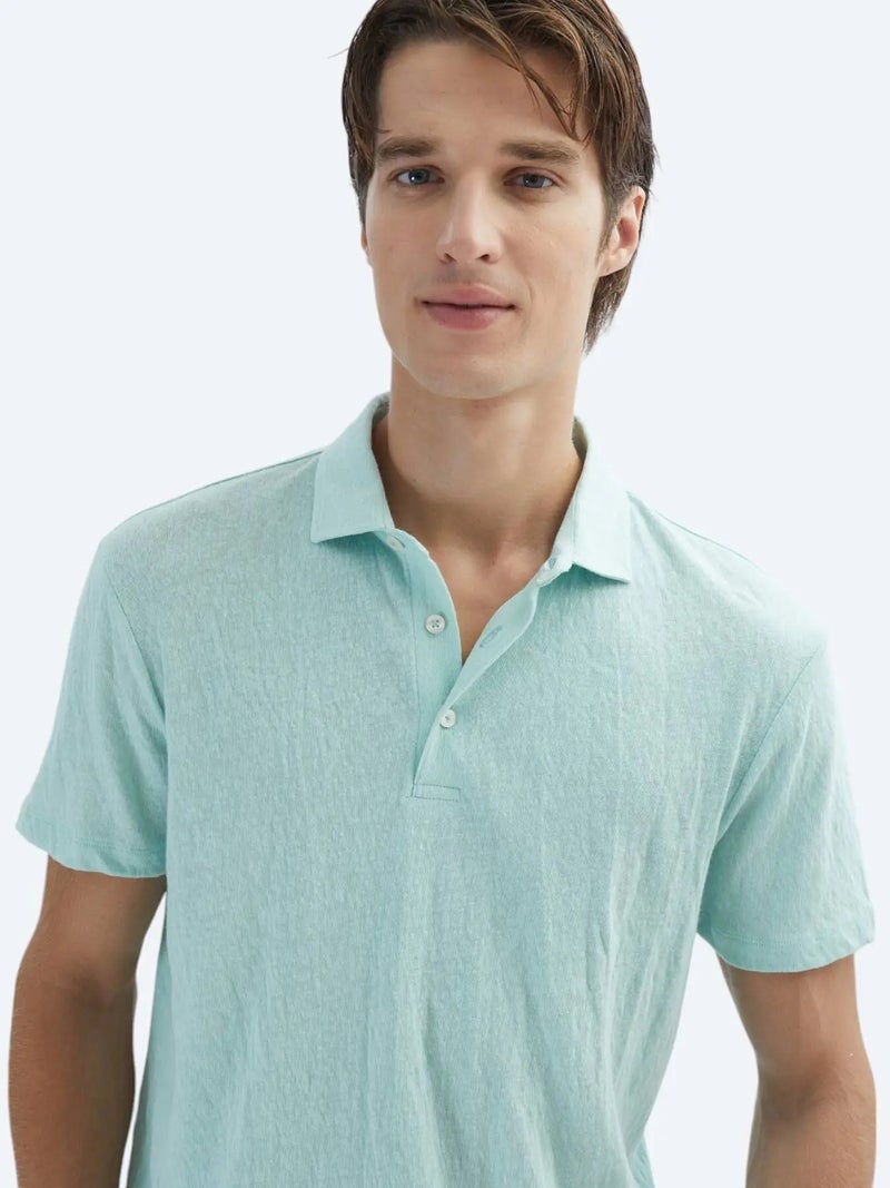 Kip See Green Plain Polo Neck Cotton Blended T-Shirt - Image 3