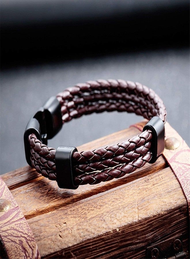 ZIVOM® Brown Triple Layer Braided Rope Leather Wrist Band/Wrap Bracelet for Men - Image 2
