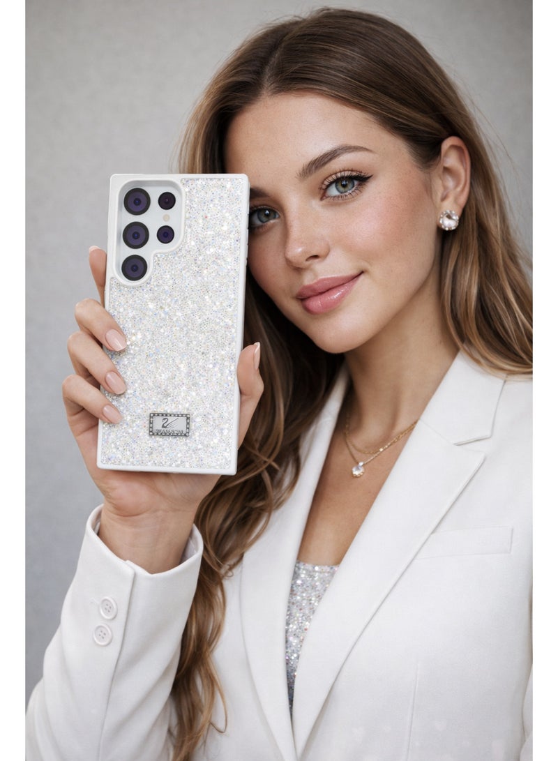 VR CREATIVE Luxury Glitter Diamond Phone Case for Samsung Galaxy S24 Ultra Sparkling Rhinestone Bling Protective Cover - White - Image 4