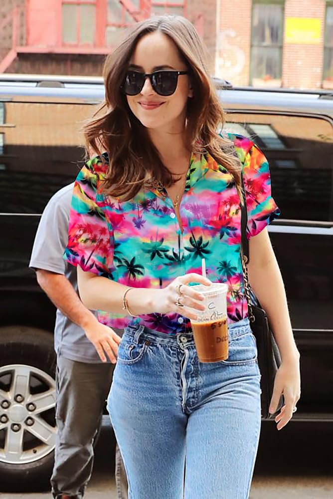 UNIQUEONE Women Hawaiian Shirt Soft Cool Summer Hawaii Tshirts Beach Tropic Print V Neck Button up Tops Floral Short Sleeve Tops - Image 2