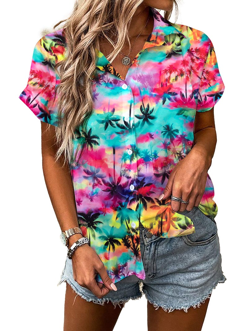 UNIQUEONE Women Hawaiian Shirt Soft Cool Summer Hawaii Tshirts Beach Tropic Print V Neck Button up Tops Floral Short Sleeve Tops - Image 1