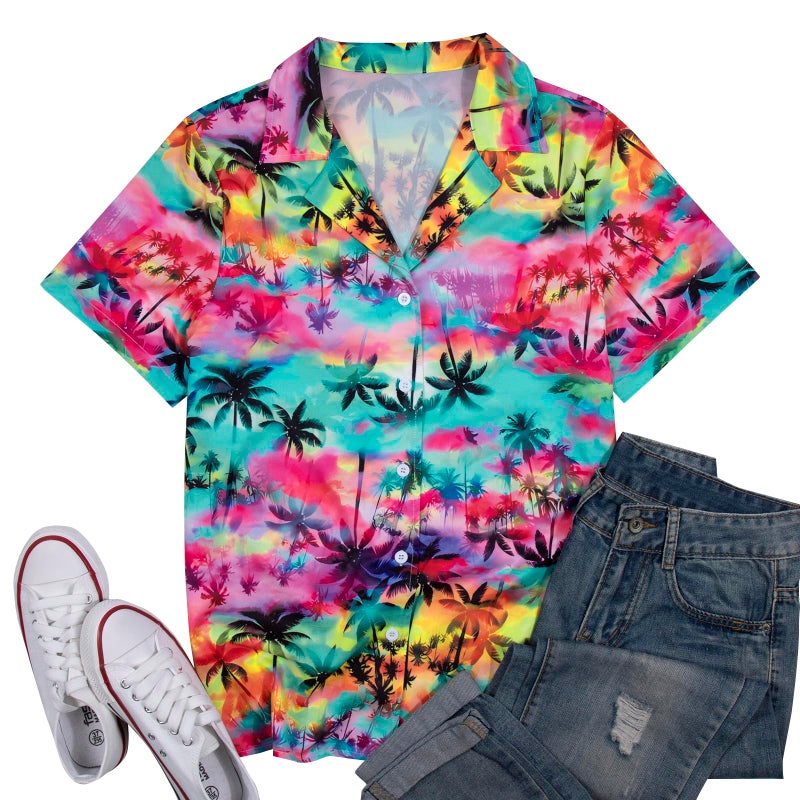 UNIQUEONE Women Hawaiian Shirt Soft Cool Summer Hawaii Tshirts Beach Tropic Print V Neck Button up Tops Floral Short Sleeve Tops - Image 5