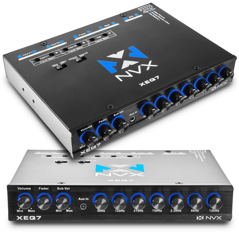 NVX 7-Band XEQ7 Graphic Equalizer with Front 3.5mm Aux Input, Dual RCA Inputs, Subwoofer & Volume Controls, Gold-Plated Contacts, Blue Illumination, Compatible with XUBT3 Bluetooth Knob - Image 1