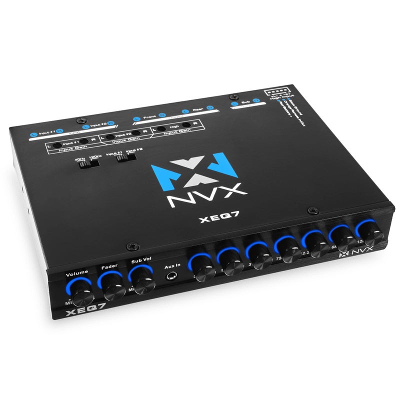 NVX 7-Band XEQ7 Graphic Equalizer with Front 3.5mm Aux Input, Dual RCA Inputs, Subwoofer & Volume Controls, Gold-Plated Contacts, Blue Illumination, Compatible with XUBT3 Bluetooth Knob - Image 2