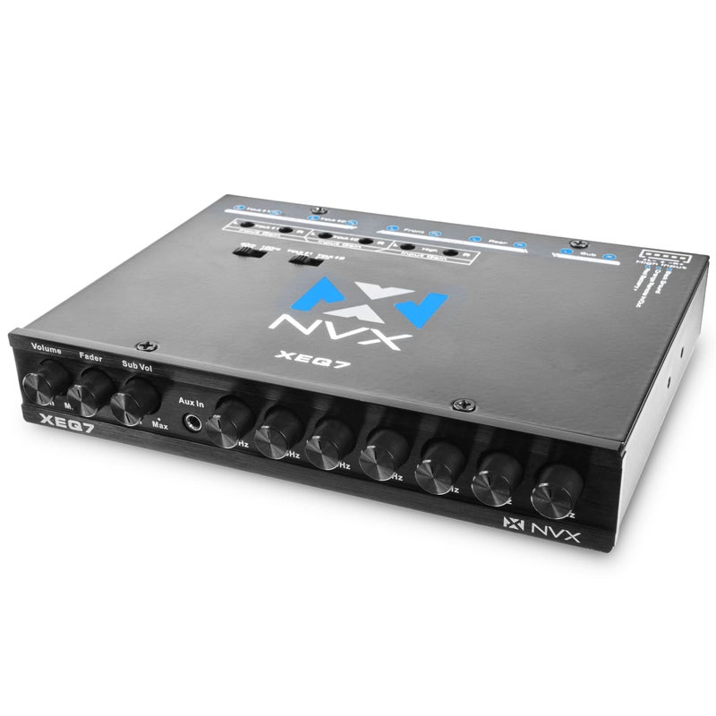 NVX 7-Band XEQ7 Graphic Equalizer with Front 3.5mm Aux Input, Dual RCA Inputs, Subwoofer & Volume Controls, Gold-Plated Contacts, Blue Illumination, Compatible with XUBT3 Bluetooth Knob - Image 3