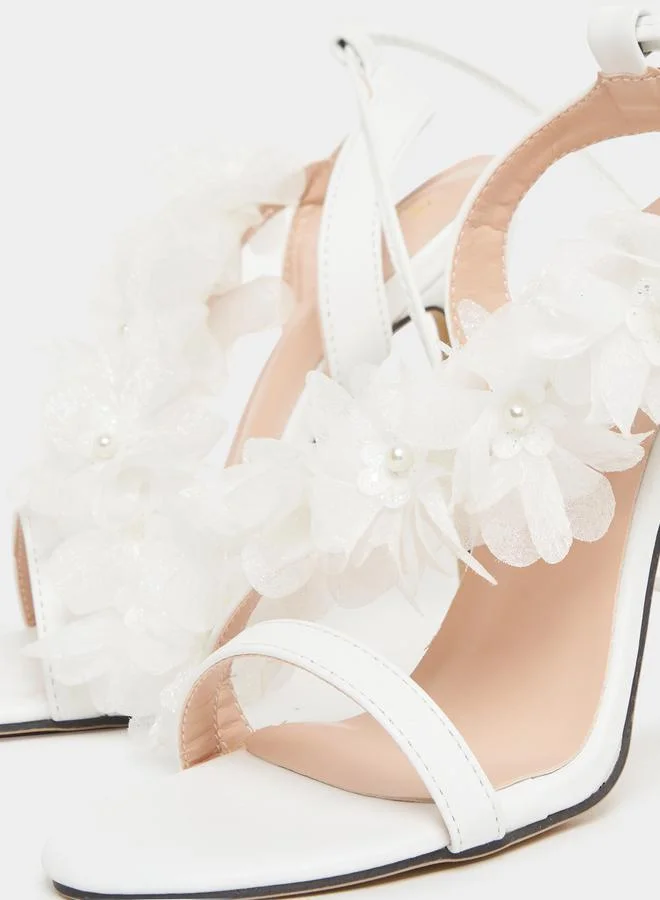 ستايلي Flower Applique Ankle Tie High Heel Sandals