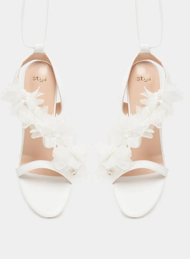 ستايلي Flower Applique Ankle Tie High Heel Sandals