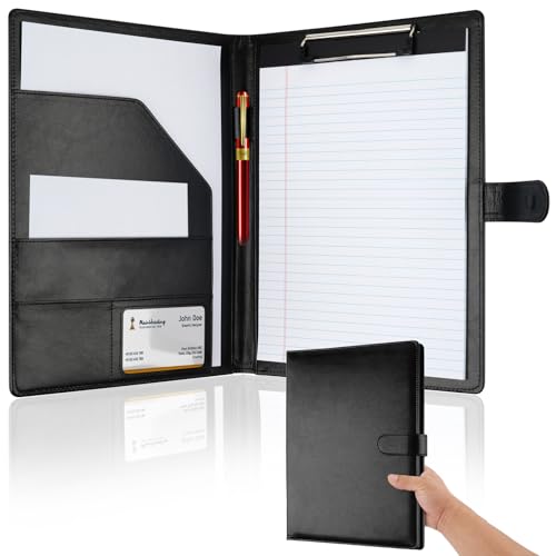 MOWPOG Professional Padfolio with Clipboard, Faux Leather Portfolio Folder Binder, Legal Pad Holder for A4 Letter Size Notepad, Resume, Writing Pad, Ideal Organizer for Business Office Conference, Black - Image 1
