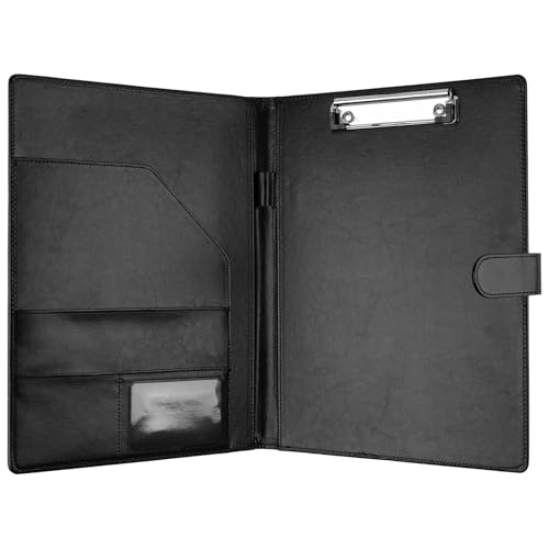 MOWPOG Professional Padfolio with Clipboard, Faux Leather Portfolio Folder Binder, Legal Pad Holder for A4 Letter Size Notepad, Resume, Writing Pad, Ideal Organizer for Business Office Conference, Black - Image 2