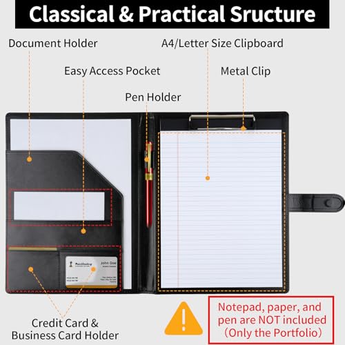 MOWPOG Professional Padfolio with Clipboard, Faux Leather Portfolio Folder Binder, Legal Pad Holder for A4 Letter Size Notepad, Resume, Writing Pad, Ideal Organizer for Business Office Conference, Black - Image 3
