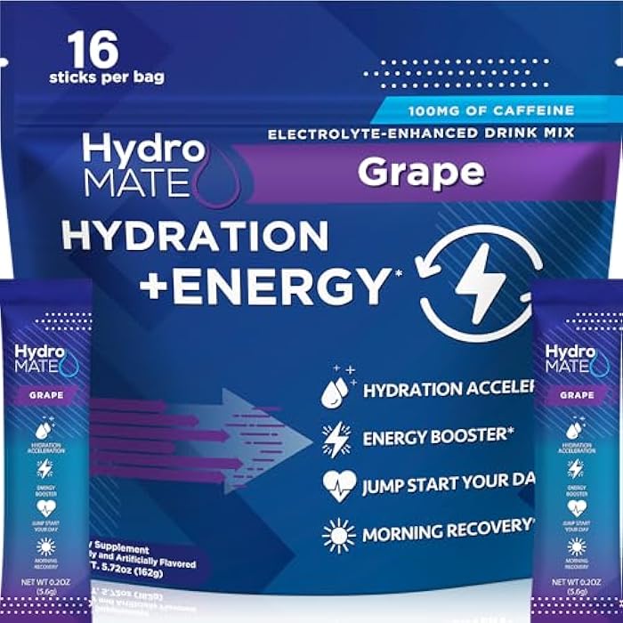 NatureWorks HydroMATE Electrolytes Powder Drink Mix Packets Hydration Accelerator Low Sugar Rapid Party Relief Recovery Vitamin C Plus Caffeine Grape 16 Count - Image 1