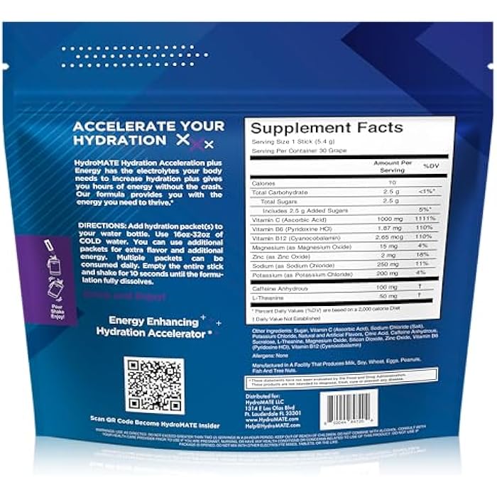 NatureWorks HydroMATE Electrolytes Powder Drink Mix Packets Hydration Accelerator Low Sugar Rapid Party Relief Recovery Vitamin C Plus Caffeine Grape 16 Count - Image 3