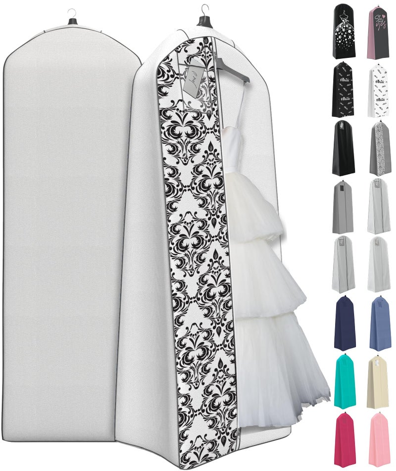 Your Bags Your Bags Wedding Dress Garment Bag - Garment Bags for Travel & Hanging Clothes or Storage - 72" Wedding Dress Bag for Gowns Long with 20" Gusset for Puffy Bridal Gowns Cover - White/Black Damask  - Image 1