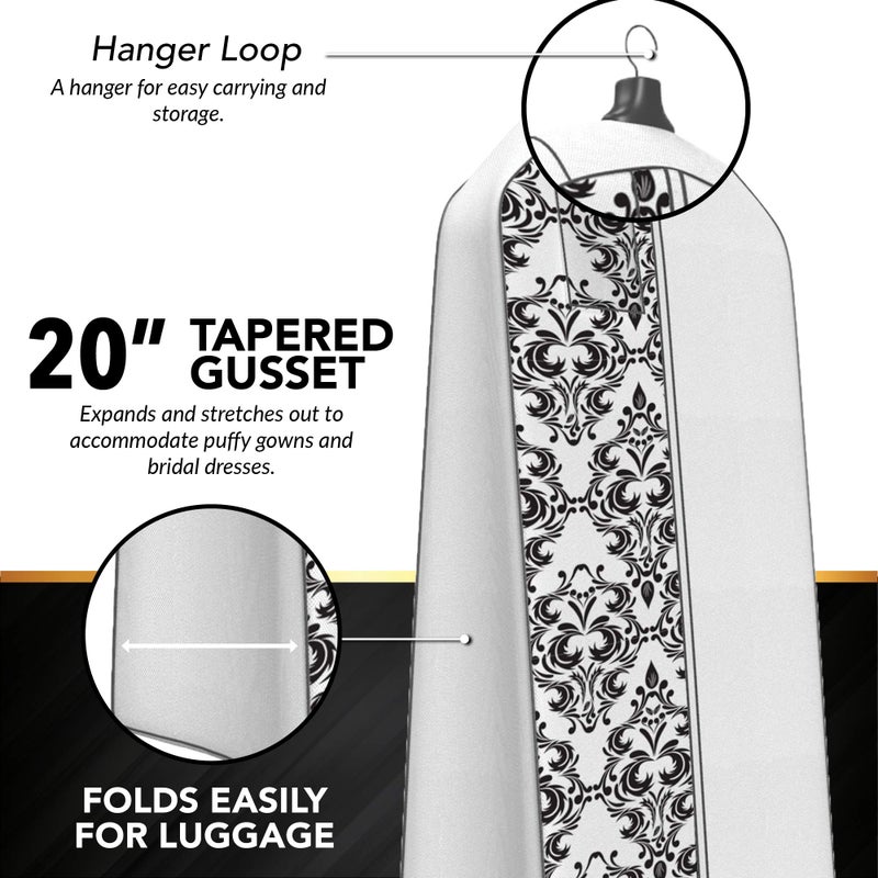 Your Bags Your Bags Wedding Dress Garment Bag - Garment Bags for Travel & Hanging Clothes or Storage - 72" Wedding Dress Bag for Gowns Long with 20" Gusset for Puffy Bridal Gowns Cover - White/Black Damask  - Image 4