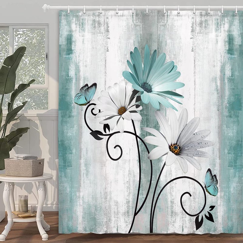 VeiVian Rustic Farmhouse Shower Curtain, Farm Teal Daisy Floral Flowers and Butterfly on Country Wooden Shower Curtain for Bathroom, Turquoise Blue with 12PCS Hooks, 70X70IN - Image 3