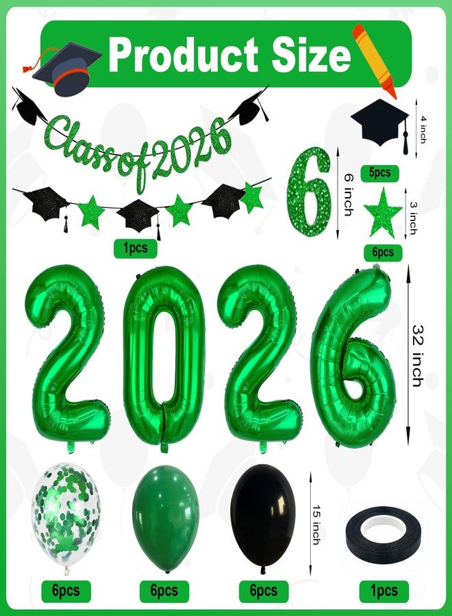 Froova Graduation Balloons Class of 2026, 32 Inch Green 2026 Number Foil Balloons Star Cap Garland Banner Dark Green Black Confetti Balloons for Senior High School College Congrats Grad Party Decorations - Image 2
