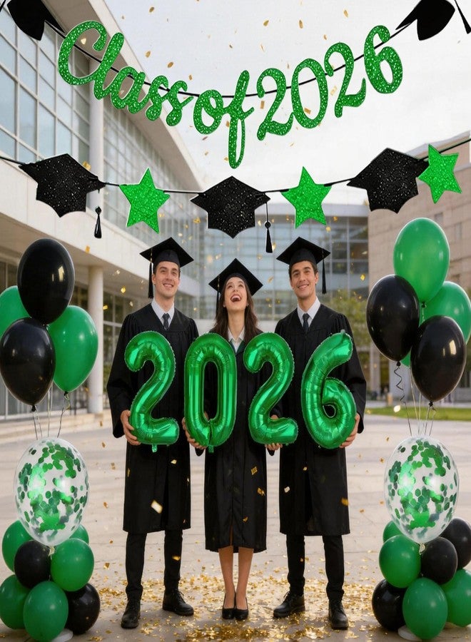 Froova Graduation Balloons Class of 2026, 32 Inch Green 2026 Number Foil Balloons Star Cap Garland Banner Dark Green Black Confetti Balloons for Senior High School College Congrats Grad Party Decorations - Image 3