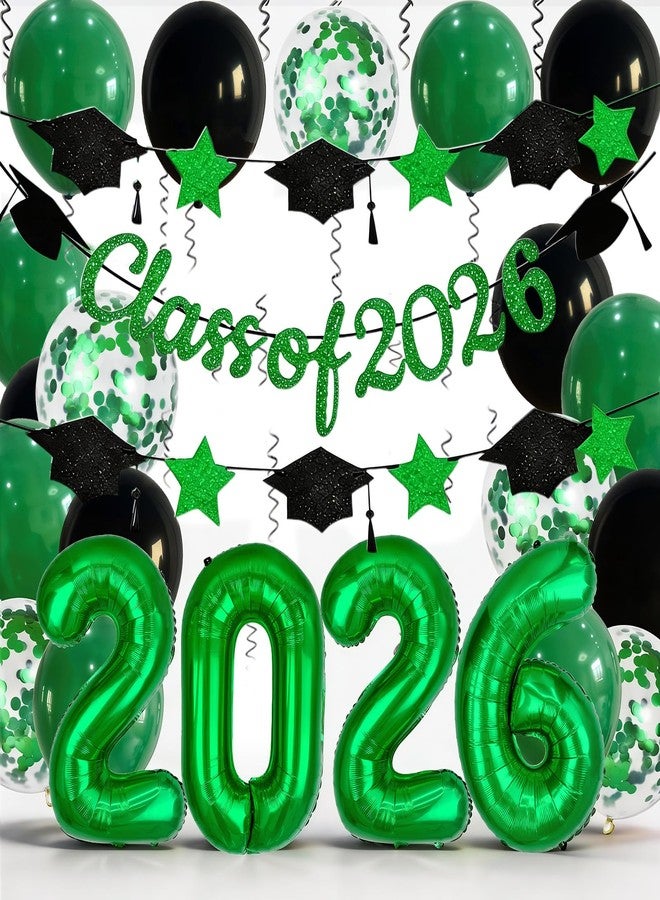 Froova Graduation Balloons Class of 2026, 32 Inch Green 2026 Number Foil Balloons Star Cap Garland Banner Dark Green Black Confetti Balloons for Senior High School College Congrats Grad Party Decorations - Image 1