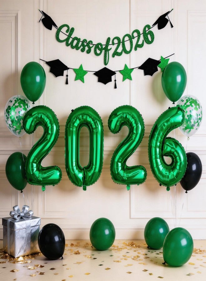 Froova Graduation Balloons Class of 2026, 32 Inch Green 2026 Number Foil Balloons Star Cap Garland Banner Dark Green Black Confetti Balloons for Senior High School College Congrats Grad Party Decorations - Image 4