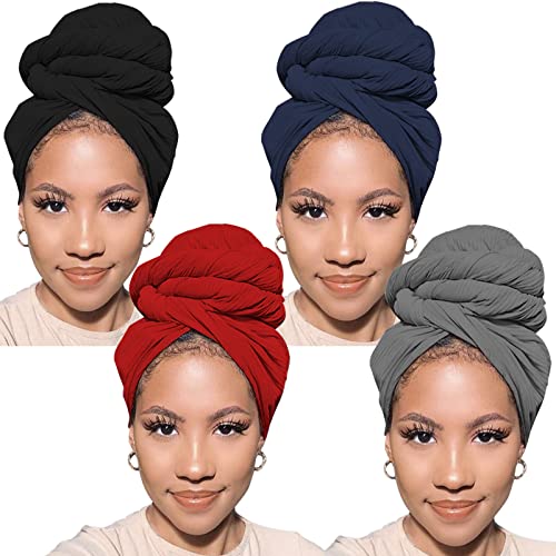 PWEOUKE 4 Pieces Long Stretch Turban Head Wrap for Black Women Solid Color Knit Hair Scarf Breathable Wrap Scarf for Night Lightweight Jersey Tie Headbands - Image 1