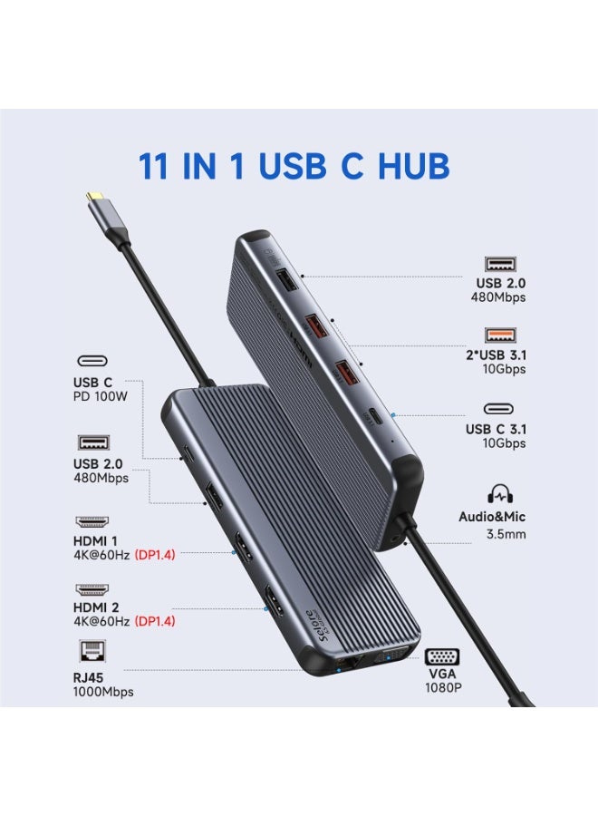 Selore&S-Global USB C Docking Station Triple Display, 11 in 1 USB C Hub with 2 x 4K @ 60Hz HDMI & 1080P VGA, USB C & 2 USB 3.1 10Gbps, 2 USB 2.0, Gigabit Ethernet, 3.5 mm Audio & Mic, 100 W PD3.0 for Lenovo - Image 3