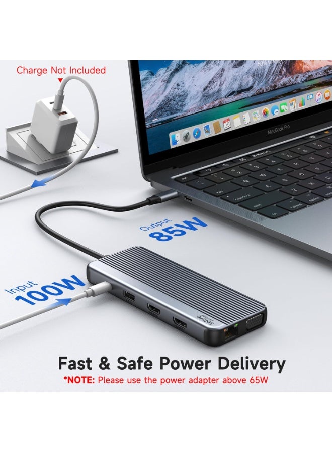 Selore&S-Global USB C Docking Station Triple Display, 11 in 1 USB C Hub with 2 x 4K @ 60Hz HDMI & 1080P VGA, USB C & 2 USB 3.1 10Gbps, 2 USB 2.0, Gigabit Ethernet, 3.5 mm Audio & Mic, 100 W PD3.0 for Lenovo - Image 5