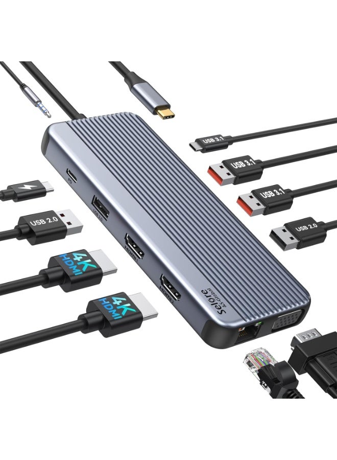 Selore&S-Global USB C Docking Station Triple Display, 11 in 1 USB C Hub with 2 x 4K @ 60Hz HDMI & 1080P VGA, USB C & 2 USB 3.1 10Gbps, 2 USB 2.0, Gigabit Ethernet, 3.5 mm Audio & Mic, 100 W PD3.0 for Lenovo - Image 1