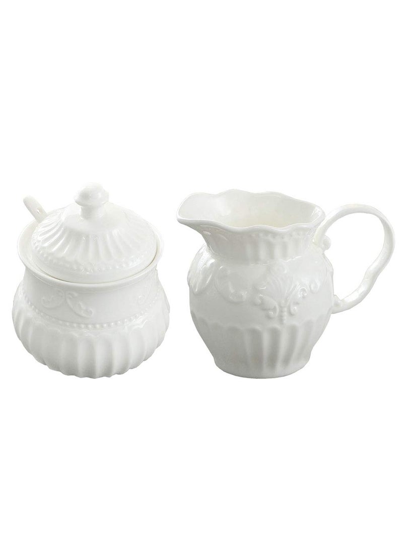 FUYU FUYU Relief White Ceramic Creamer and Sugar Bowl Set Coffee Serving Set Cream Pitcher 