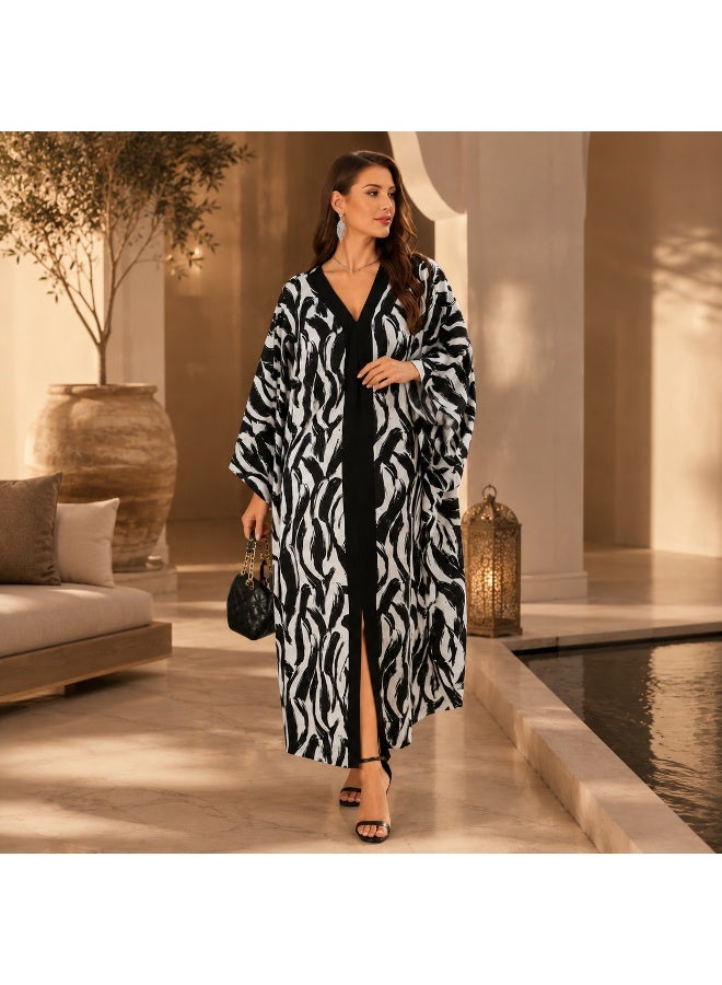 Women's Open Front Maxi Abaya, Black White Printed Modest Wear - Image 2