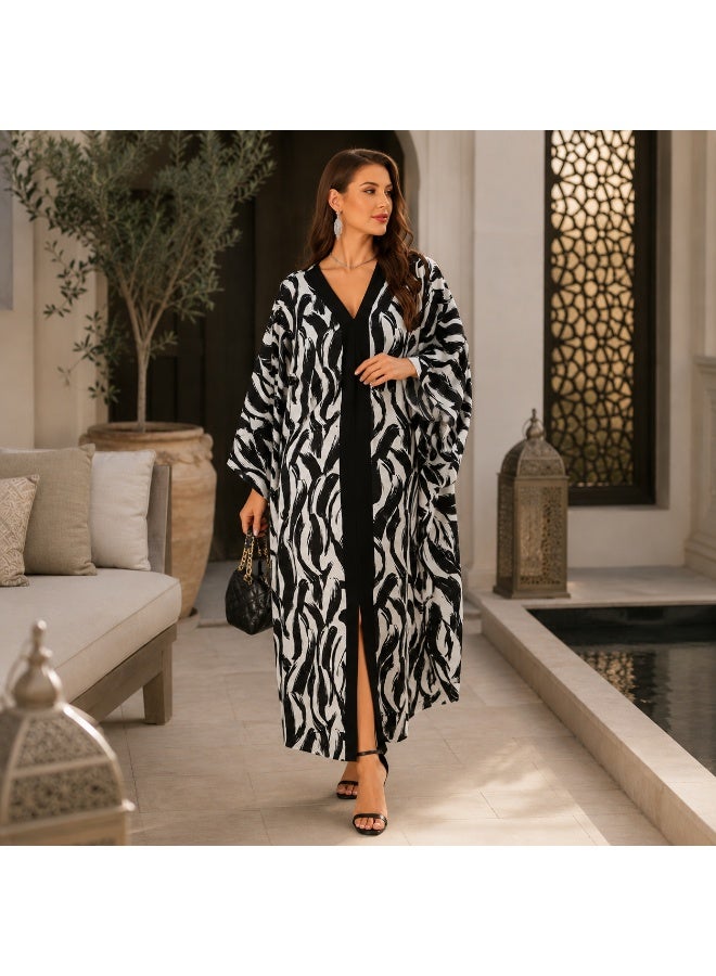 Women's Open Front Maxi Abaya, Black White Printed Modest Wear - Image 3