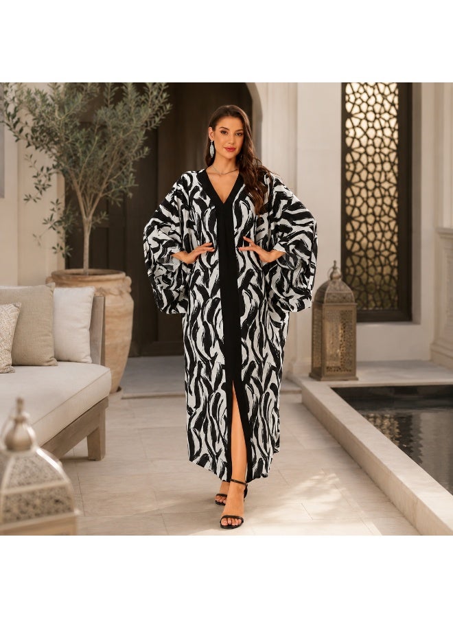 Women's Open Front Maxi Abaya, Black White Printed Modest Wear - Image 4