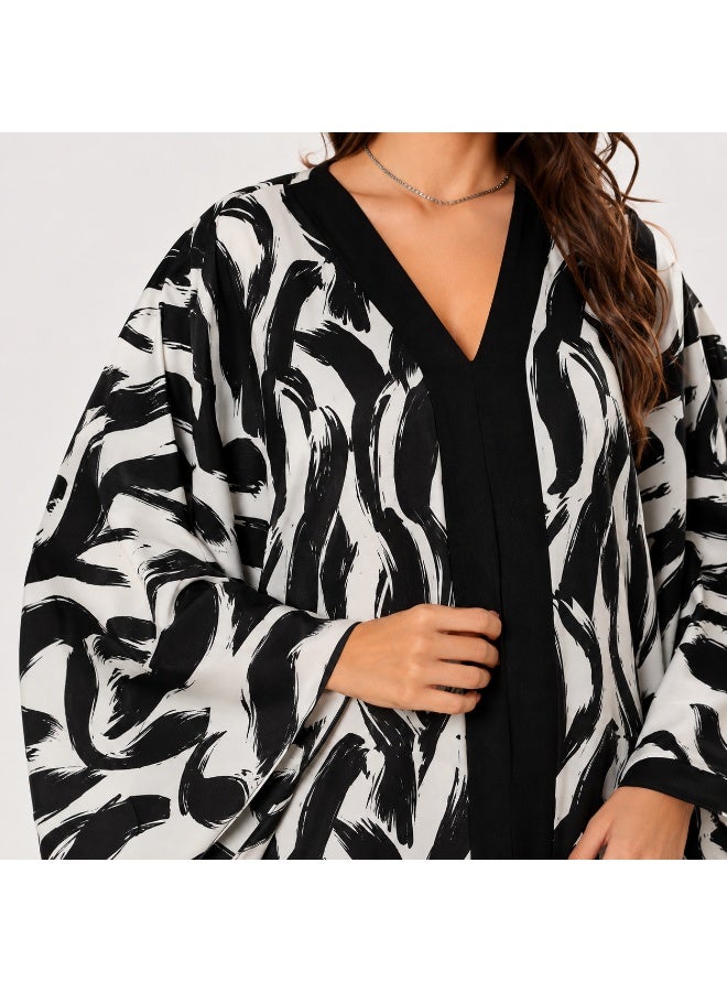 Women's Open Front Maxi Abaya, Black White Printed Modest Wear - Image 5