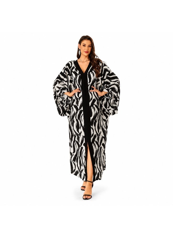 Women's Open Front Maxi Abaya, Black White Printed Modest Wear - Image 1