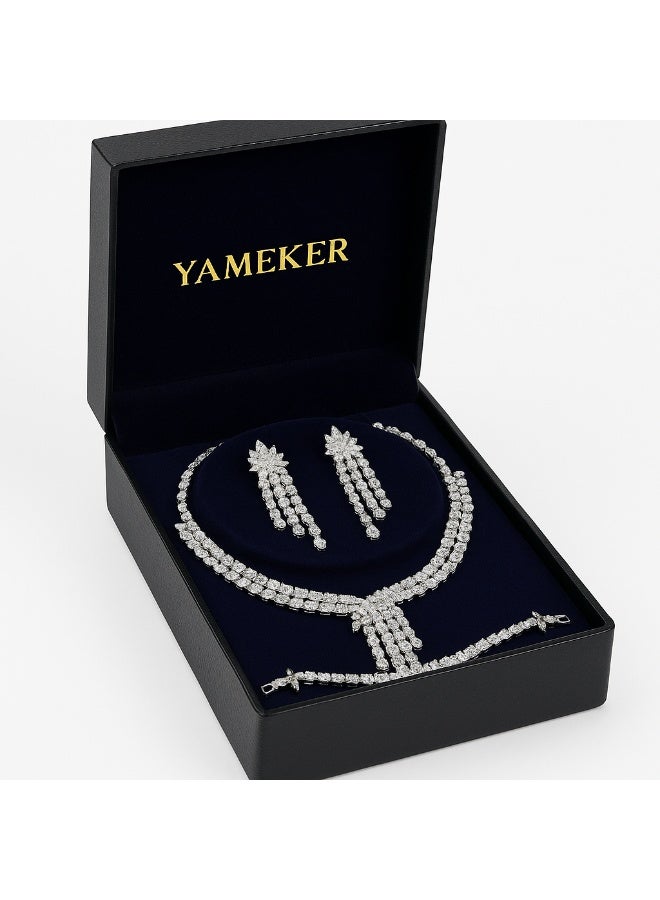 ياميكر طقم مجوهرات نسائي من YAMEKER.AE باللون الفضي يتضمن عقدًا وسوارًا وأقراطًا مرصعة بحجر ماركيز CZ اللامع | طقم إكسسوارات أنيق للمناسبات والحفلات | طقم هدايا للنساء والفتيات - Image 2