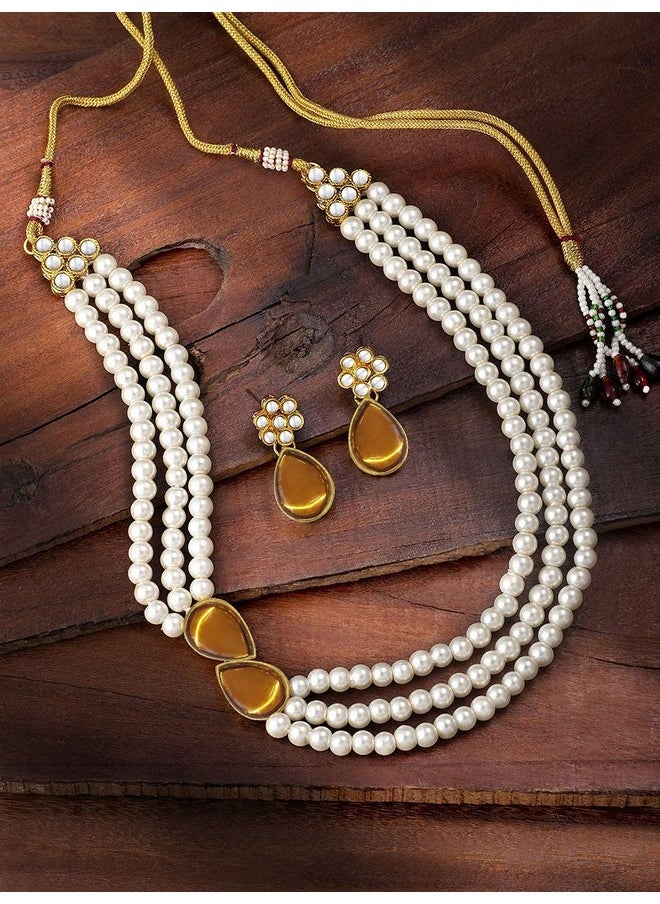 Aheli - Pearl Mala Gold Necklace With Earrings For Women Girls Indian Traditional Bollywood Fashion Stylish Ethnic Jewelry Set - Image 1