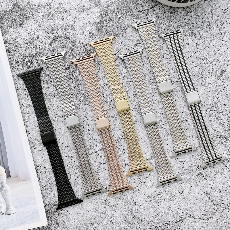 Color Matching Seven Beads Steel Watch Band For Apple Watch Ultra 49mm&Watch Ultra 2 49mm / Series 9&8&7 45mm / SE 3&SE 2&6&SE&5&4 44mm / 3&2&1 42mm(Rose Gold)