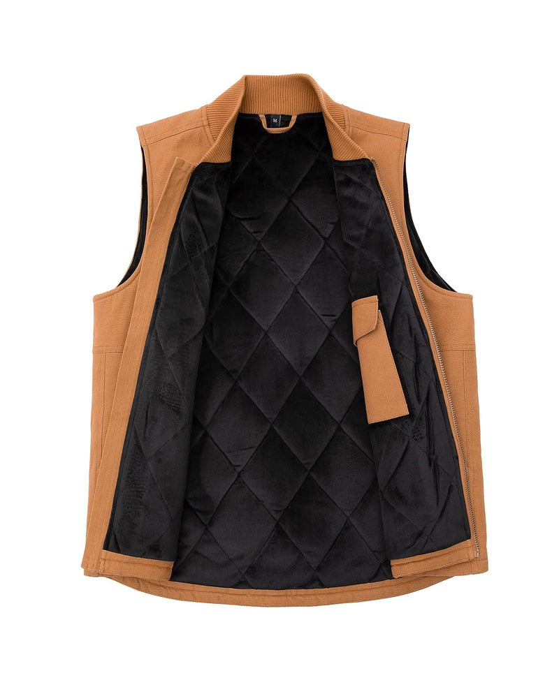 ZENTHACE Men's Washed Arctic-Quilt Lined Duck Vest Utility Rugged Canvas Work Vest Duck Brown L - Image 3