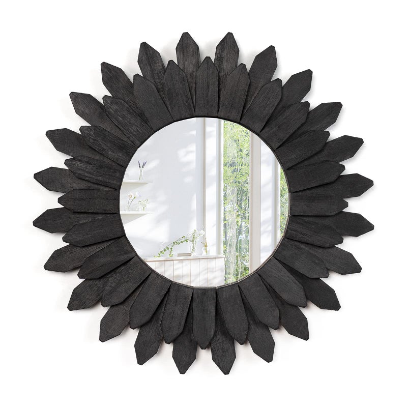 Emfogo Wall Mirror 12 inch Rustic Wood Sunburst Boho Mirror Farmhouse Wall Decor Room Decor Home Decor for Bedroom Living Room Entryway Vintage Black