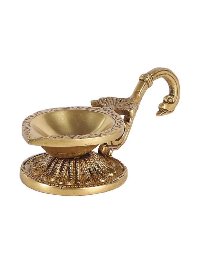 Two Moustaches Ethnic Handcarved Brass Diya with Curved Handle, Brass Diyas for Pooja , Diyas for Home Decor , Gift for House Warming , Golden , Standard , Pack of 1 - Image 1